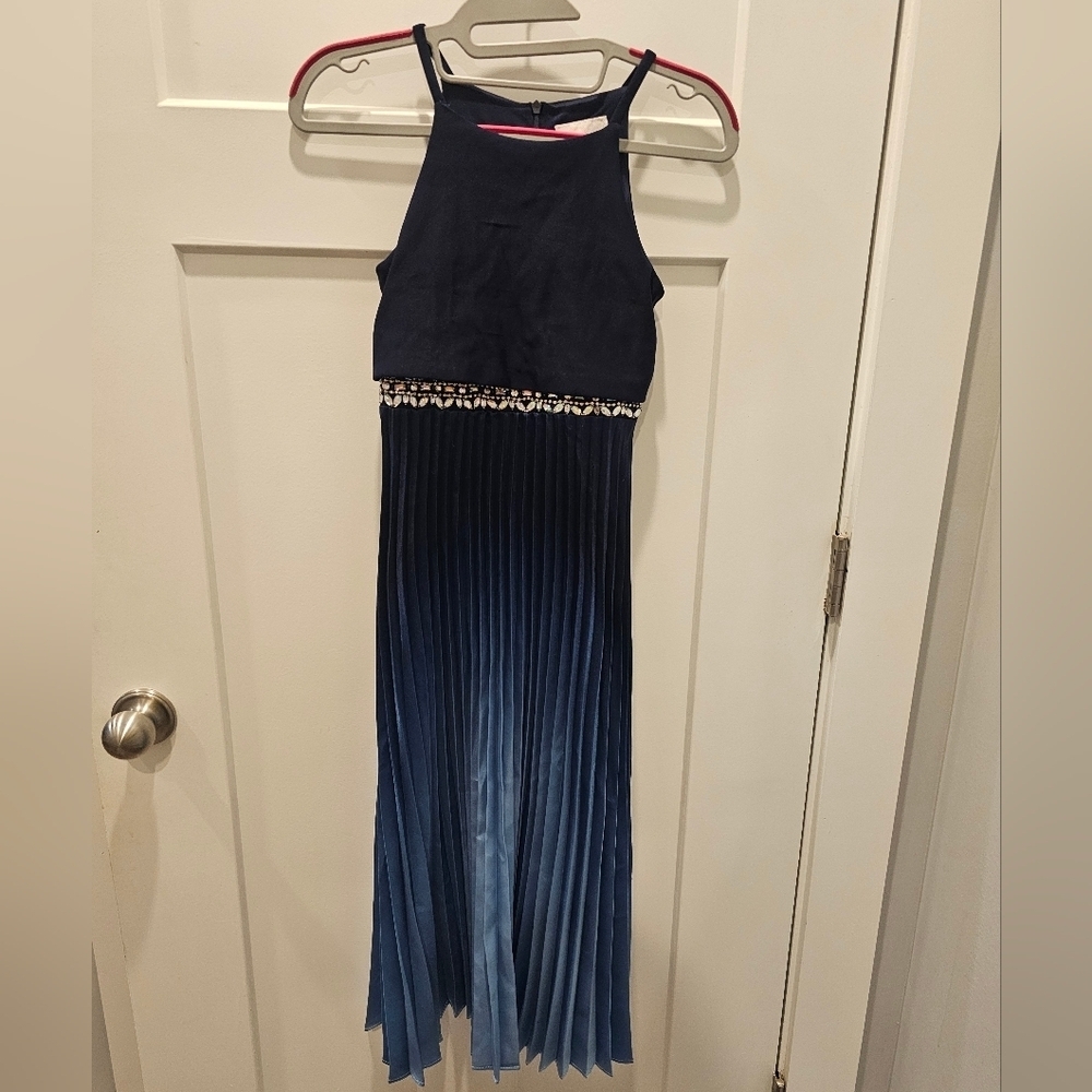 Rare Editions Girls 8 Navy Blue Ombré Pleated Dress Sparkle Waist Special Occasi